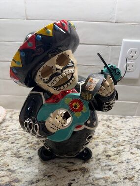 Blue Sky Black Day of the Dead Mariachi Skeleton Figurine with Teal Guitar